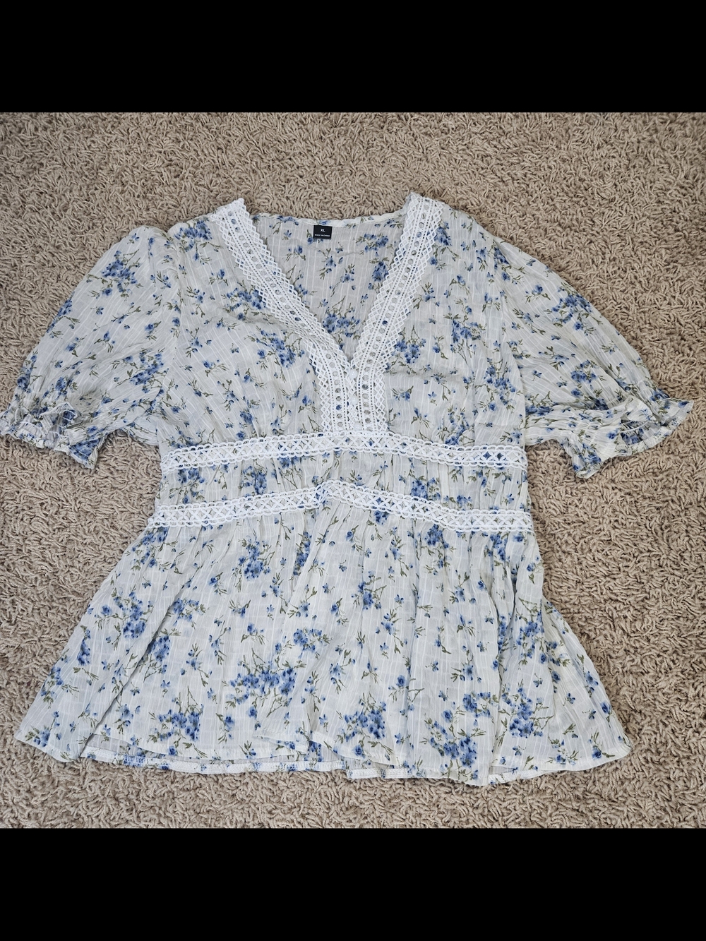 Never Been Worn Light Blue Floral Lace-Trim Peplum Top - Women